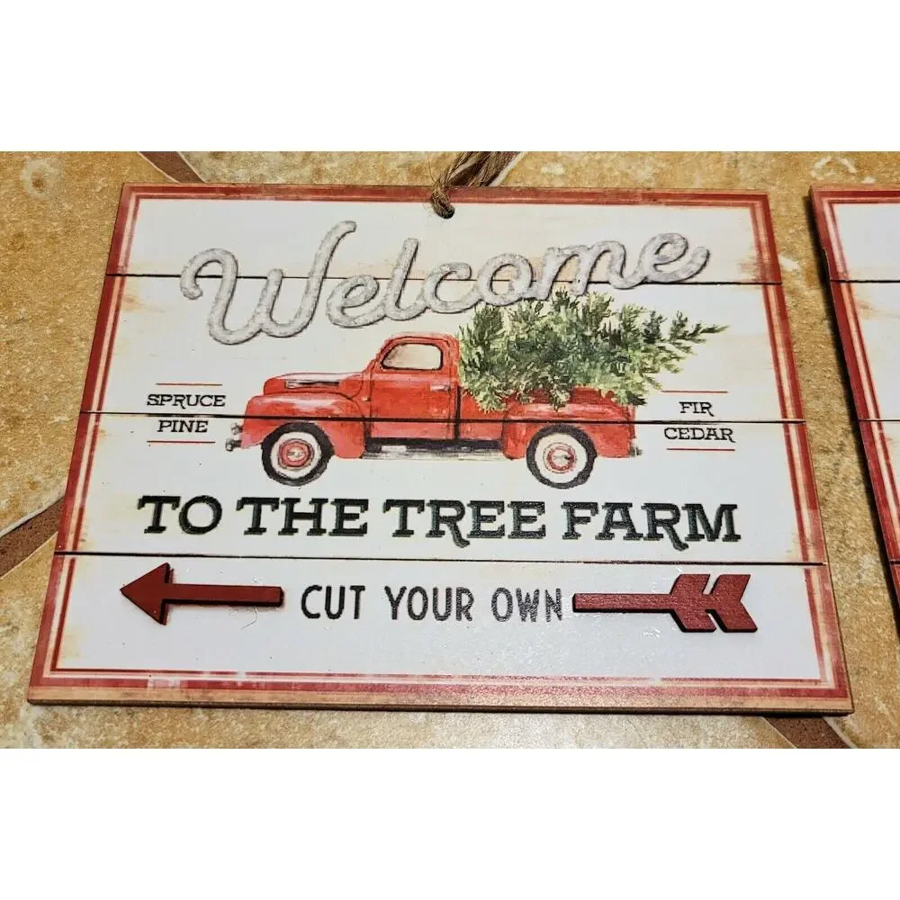New HOLIDAY TIME Set of 2 Ornaments Wood Vintage Look - Red Truck Tree Farm 6